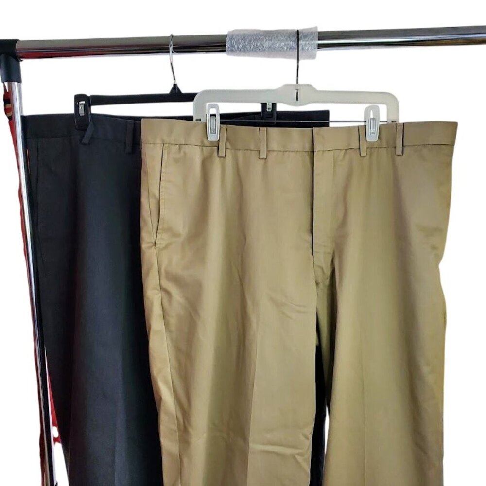 2 Lands’ End 44T Tall Flat Front Pants Cuffed Khaki & Charcoal 33.5 Inseam